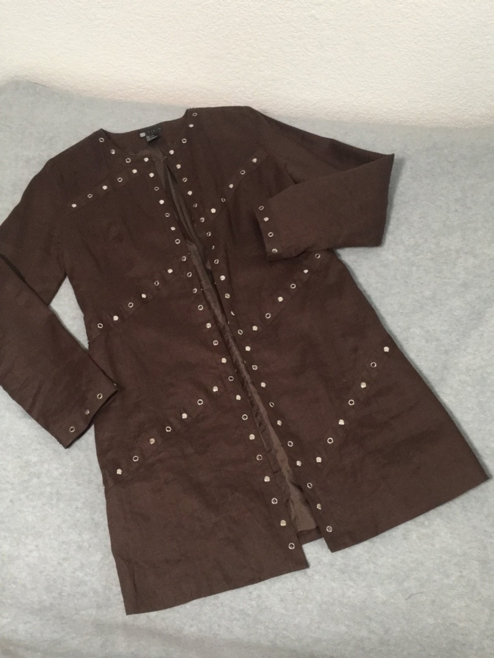 Womens brown linen longline jacket size 8 western career steampunk studed